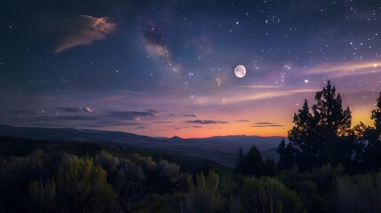 Fototapeta premium Moon above forest at sunset/ Full moon on sky deep forest/ Moon view backgorund at night over the landscape at sunrise