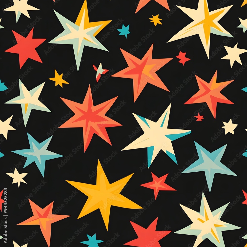 Poster 71. **design a seamless pattern featuring playful, overlapping stars in a festive, vibrant color sch