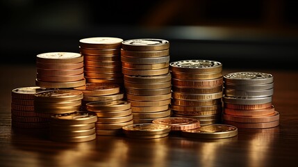 A creative depiction of Euro coins stacked in various heights and positions, symbolizing the concept of currency, savings, and economic value. 