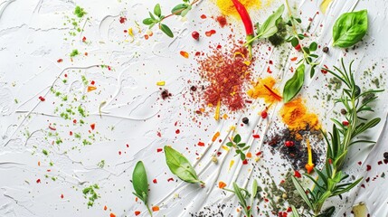 Spices and Herbs Scattered on White Background.