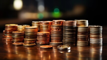 A creative image of Euro coins stacked in different heights and positions, showcasing the concept of currency, economic value, and financial growth. 