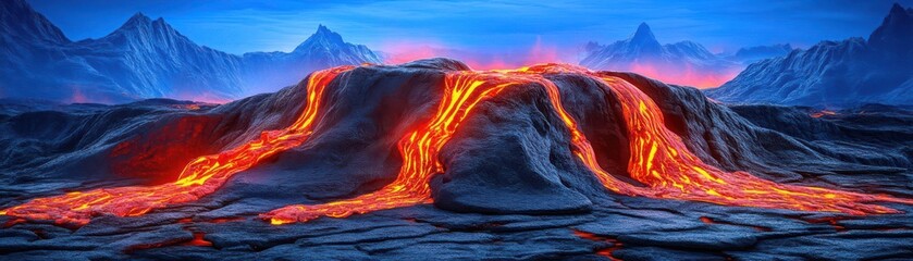Fototapeta premium Majestic plateau with cascading lava, dark volcanic rock, intense red and orange tones, apocalyptic, 3D rendering