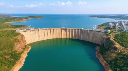 A splendid high-tech dam controlling a vast water reservoir, surrounded by futuristic buildings, Industrial, High Detail