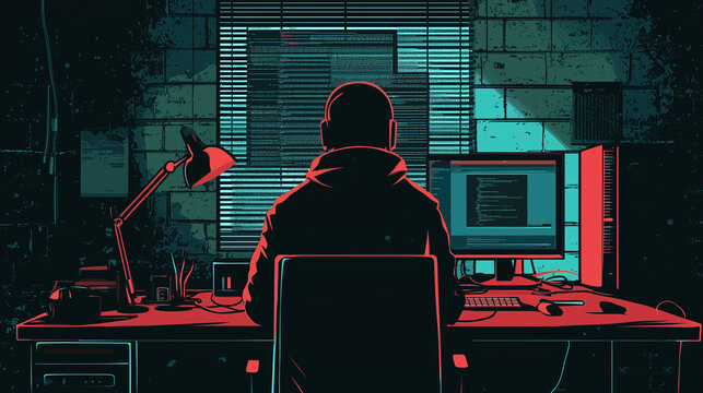 Person Coding in Dark Room with Neon Lighting at Night Working on Computer for Programming and Cybersecurity