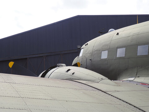 Elvington, Yorkshire, United Kingdom - 11 07 2023: close up of the front of an raf c47 transport aircraft the military version of the douglas DC3 airliner