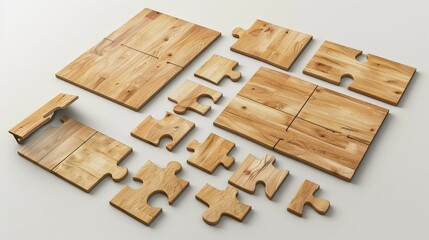 Wooden puzzle pieces scattered on a white background.