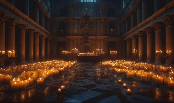 Hundreds of candles illuminate a large, ancient hall with stone columns