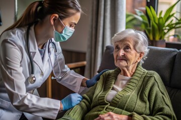 Caring nurse provides compassionate support to elderly patient in cozy living room during afternoon visit focused on health and well-being. Generative AI