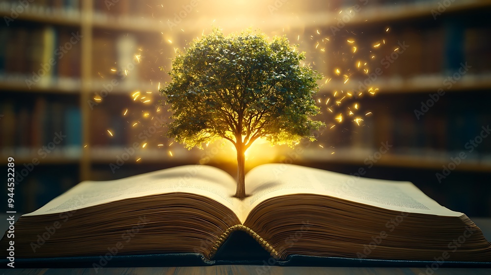 Poster a green tree grows out of the pages of an open book with a bright, glowing light coming from behind 