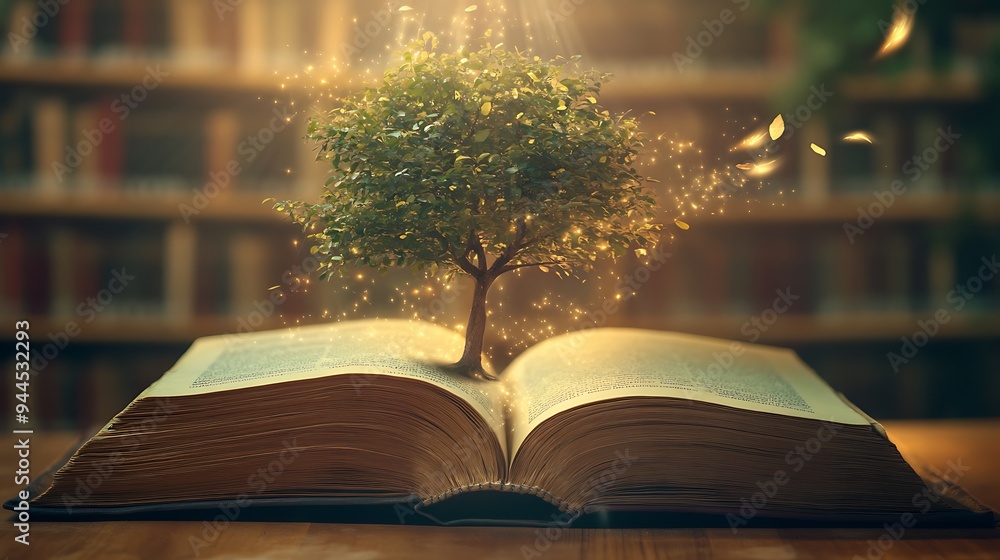 Poster a small tree grows out of an open book with a magical glow emanating from it.