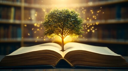 A green tree grows out of the pages of an open book with a bright, glowing light coming from behind it and a blurred bookshelf in the background.