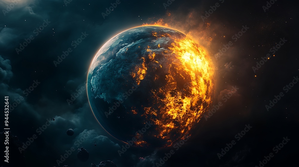 Poster a fiery planet engulfed in flames against a backdrop of a dark and cloudy space, representing the de