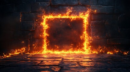 A bright, fiery frame of orange flames forms a glowing square against a dark, textured background. The intense fire contrasts the dark tiles, creating a dramatic, high-energy visual. 