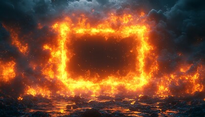 A bright, fiery frame of orange flames forms a glowing square against a dark, textured background. The intense fire contrasts the dark tiles, creating a dramatic, high-energy visual. 