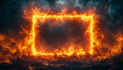 A bright, fiery frame of orange flames forms a glowing square against a dark, textured background. The intense fire contrasts the dark tiles, creating a dramatic, high-energy visual. 