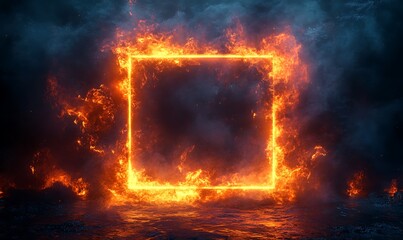 A bright, fiery frame of orange flames forms a glowing square against a dark, textured background. The intense fire contrasts the dark tiles, creating a dramatic, high-energy visual. 