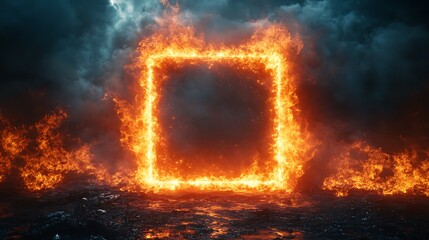 A bright, fiery frame of orange flames forms a glowing square against a dark, textured background. The intense fire contrasts the dark tiles, creating a dramatic, high-energy visual. 