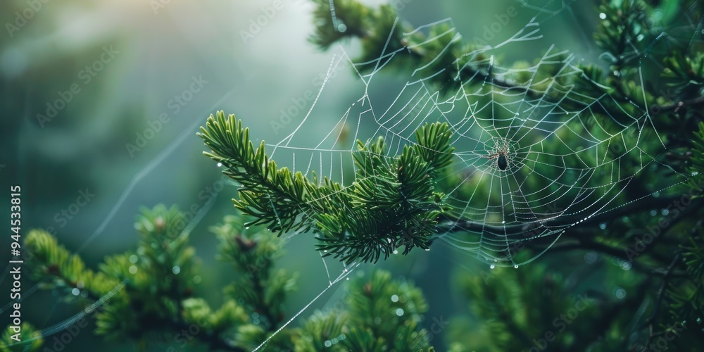 Poster close up of a twig adorned with a fragile spider web highlighting the intricate relationship between