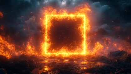 A bright, fiery frame of orange flames forms a glowing square against a dark, textured background. The intense fire contrasts the dark tiles, creating a dramatic, high-energy visual. 