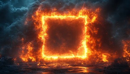 A bright, fiery frame of orange flames forms a glowing square against a dark, textured background. The intense fire contrasts the dark tiles, creating a dramatic, high-energy visual. 