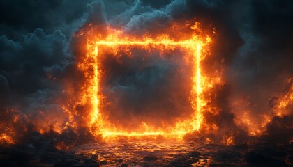 A bright, fiery frame of orange flames forms a glowing square against a dark, textured background. The intense fire contrasts the dark tiles, creating a dramatic, high-energy visual. 