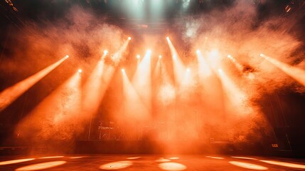 A dimly lit stage with smoke and spotlights
