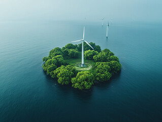 Île verte avec éolienne au large - Symbole de l'énergie renouvelable et de la conservation environnementale
