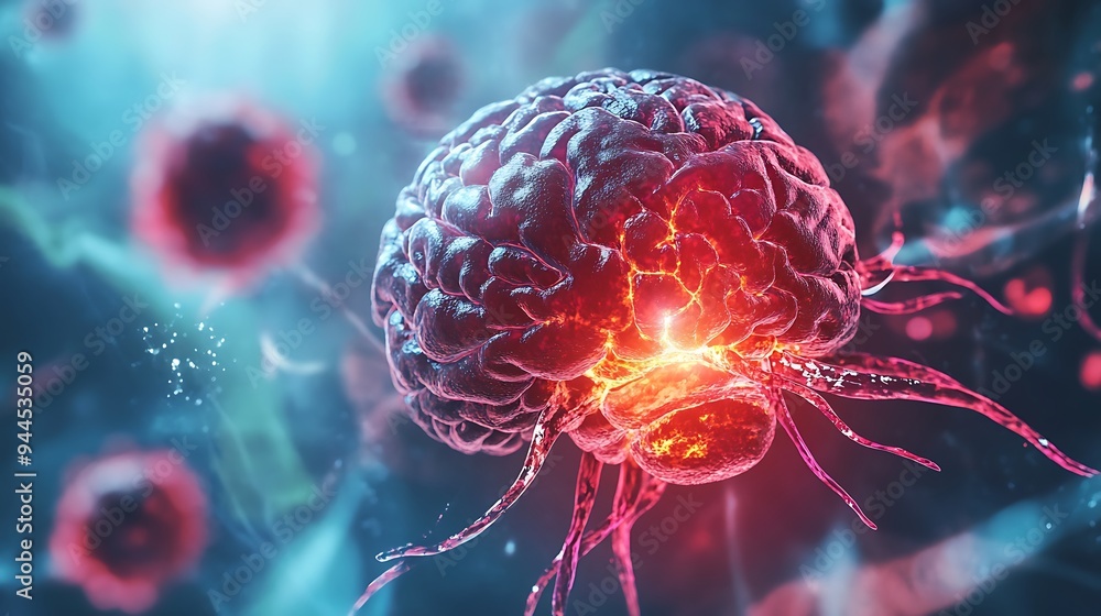 Poster a 3d rendering of a brain cell surrounded by other cells, with a red glow emanating from the center 