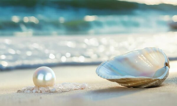 Seashell with a shimmering pearl on sandy beach with soft light