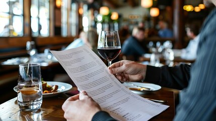 Man looking at menu at restaurant.