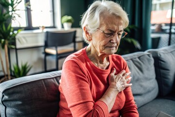 An elderly woman resting on a cozy couch while placing her hand over her heart, reflecting a moment of concern in a warmly lit, homey living room. Generative AI