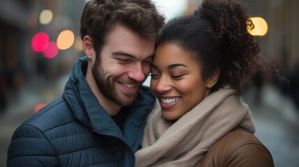 Couple enjoying a joyful moment together in an urban street during a chilly evening with soft, blurred lights in the background