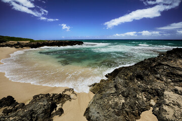 A sunny day with few clouds at the remote and pristine Hawaiian Monk Seal Beach in Oahu’s Ka’ena Point Beach Park, with waves stretching up the beach and lava rocks in the foreground