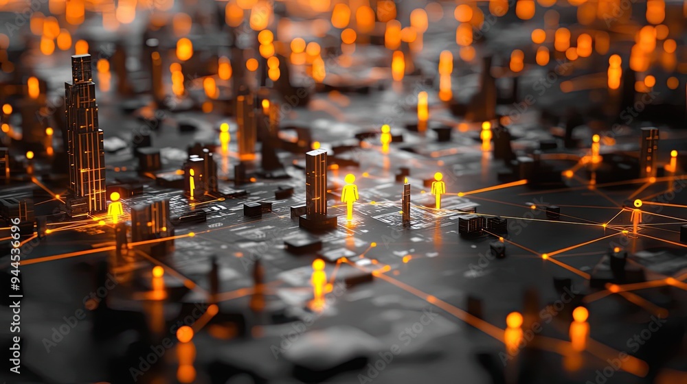 Aufkleber abstract cityscape with illuminated figures and interconnecting lines