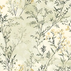 Fototapeta premium 41. **Design a seamless pattern featuring delicate, botanical sketches in a muted green and beige.**