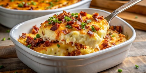 pork and mashed potato casserole being lifted out of a white ceramic baking dish, revealing a gooey, cheesy interior