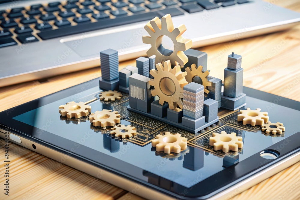 Poster innovative technology concept with gears and skyscrapers crafted from a tablet showcasing digitizati