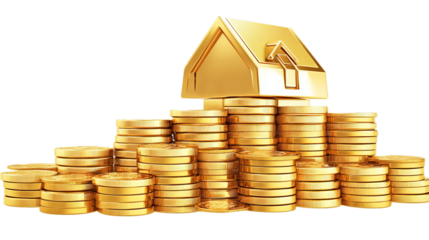 Stack of coins and gold bars , house, on transparency background PNG