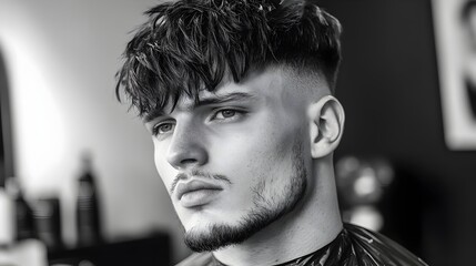 Messy Textured Crop Cut for Men with a Sharp Fade in Black and White Portrait