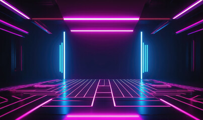A futuristic room with a shiny floor illuminated by vibrant pink and blue neon lights
