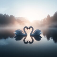 Fototapeta premium 12. Pair of swans forming a heart with necks, serene lake, morning mist, 3D illustration
