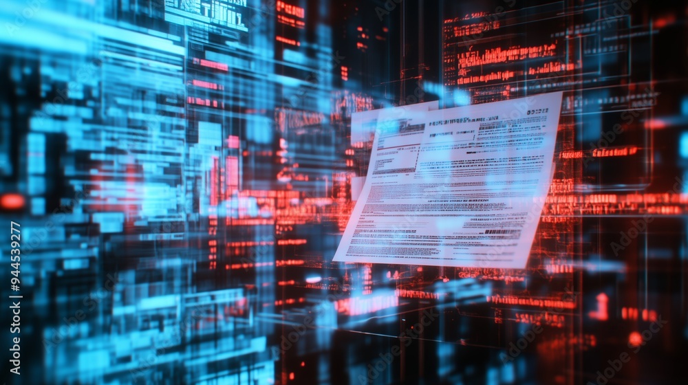 Poster A digital representation of a computer screen displaying a document with glowing data patterns in a dark, high-tech environment