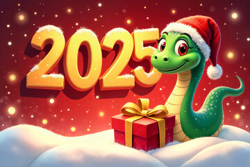 Cartoon green snake with a red Santa hat, standing next to a large gift box on a snowy background with the number 2025 prominently displayed.