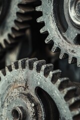 Close-up of old, non-functional motor gears. Gear wheels in grey detail in macro view.