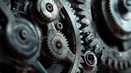 Close-up of old, non-functional motor gears. Gear wheels in grey detail in macro view.