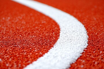 A detailed look at the white curve line on a bright red track, highlighting the texture and surroundings of the athletic field. Generative AI
