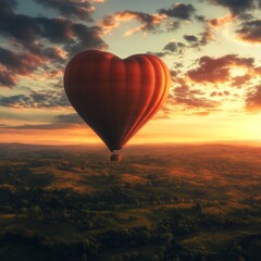 Obraz premium 17. Giant heart-shaped hot air balloon, above a scenic landscape, sunset glow, 3D illustration