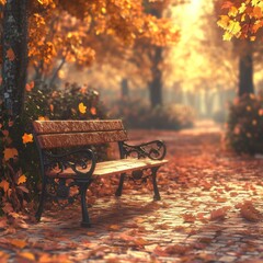 27. Love-themed park bench, autumn leaves around, nostalgic tone, 3D illustration