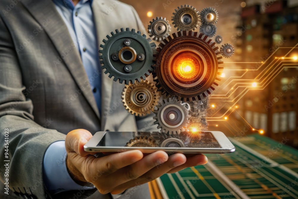 Aufkleber innovative businessman holding a tablet with floating gears symbolizing technology, creativity, and 