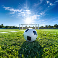 Fototapeta premium Soccer ball centered on a vivid, freshly cut grass soccer field, contrast with white boundary lines, goalposts distant in soft focus background, under clear blue sky